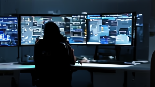 A dimly lit security-operations center with multiple screens showing dashboards and a single analyst at a desk.