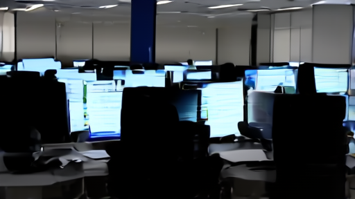 The Washington Post newsroom at dusk, rows of empty desks and one late reporter at a terminal with monitors glowing.