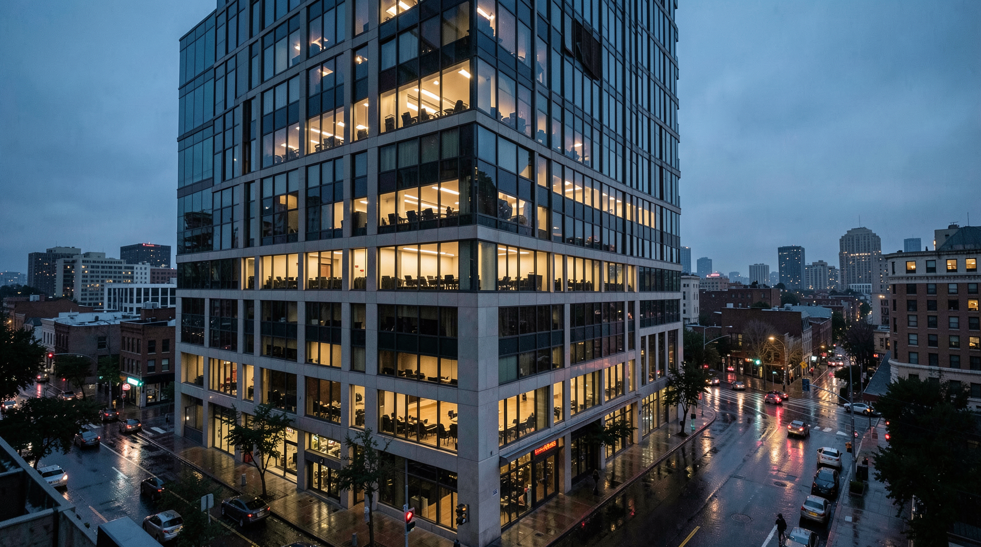 Office tower at dusk with one lit conference floor and dark surrounding windows