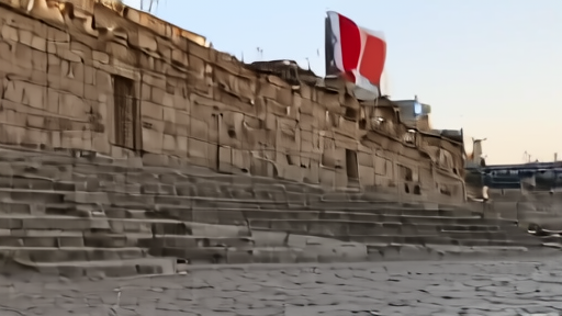 The Palais de Justice in Paris in late-afternoon light, empty stone steps, one French tricolor flag at half-mast.