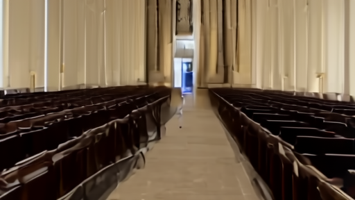A wide view of the Senate chamber ceiling and gallery at mid-afternoon, one staffer walking between the empty desks far below.