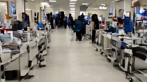 Hospital admissions desk with clinicians moving through corridor