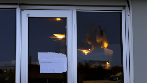 The back entrance to the Stars and Stripes editorial office in suburban Washington at dusk, a locked glass door with no lights on inside, one printed sign taped to the glass.