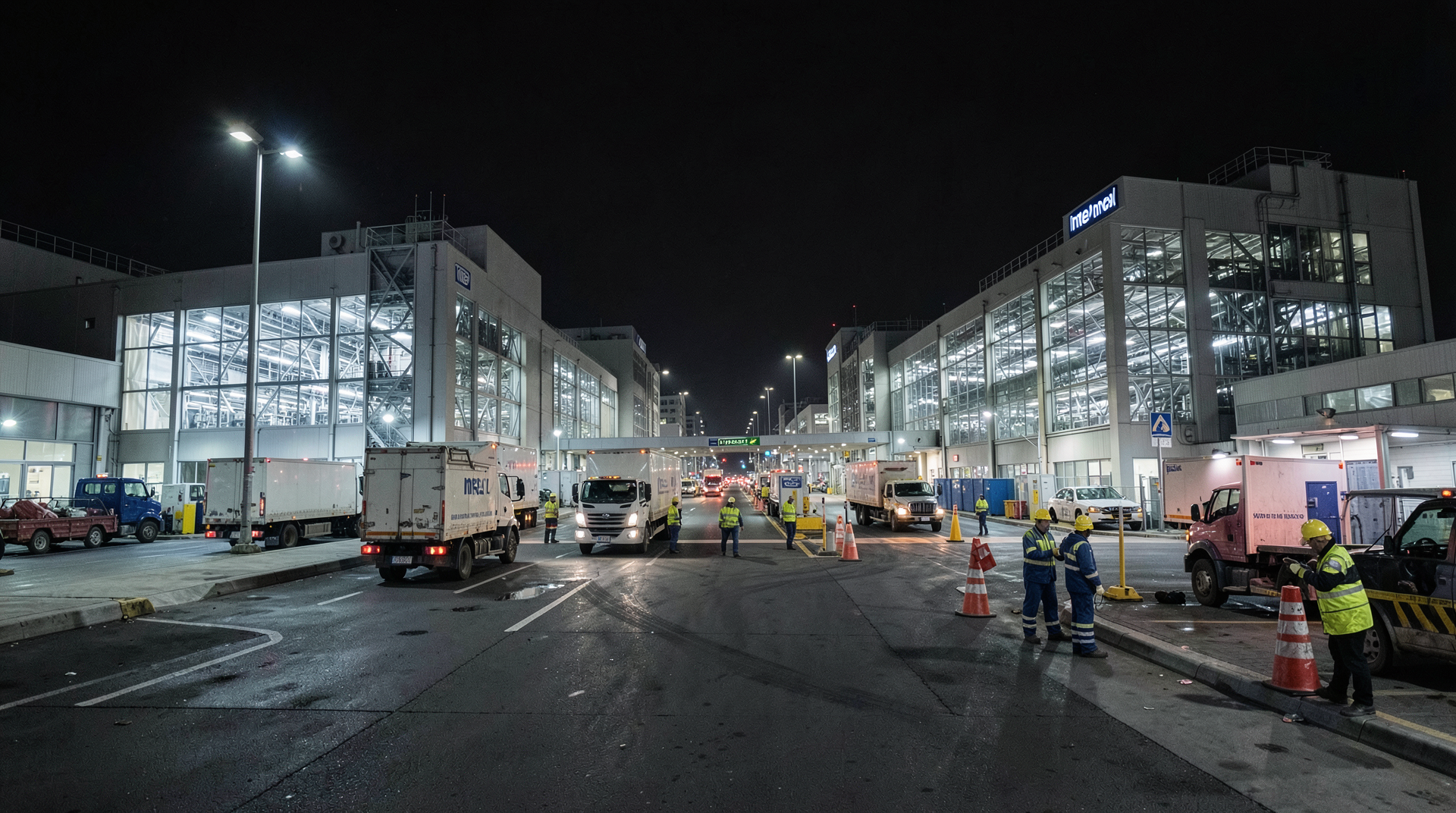 Intel campus at night with lit fabrication buildings and logistics traffic