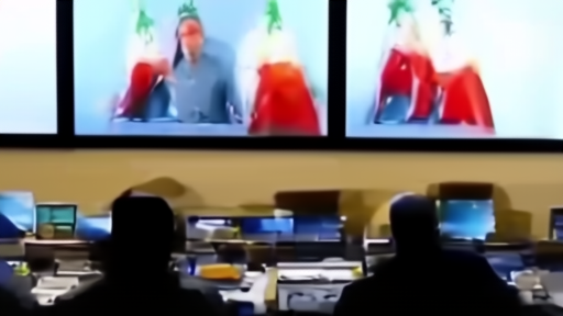 Three separate Iranian podium screens in a television control room