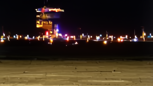 Night runway lights and an air traffic control tower