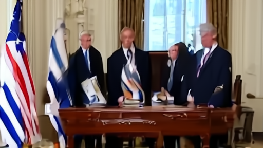 Oval Office table with Israeli and Lebanese ambassadors, Trump, Vance and Rubio standing behind