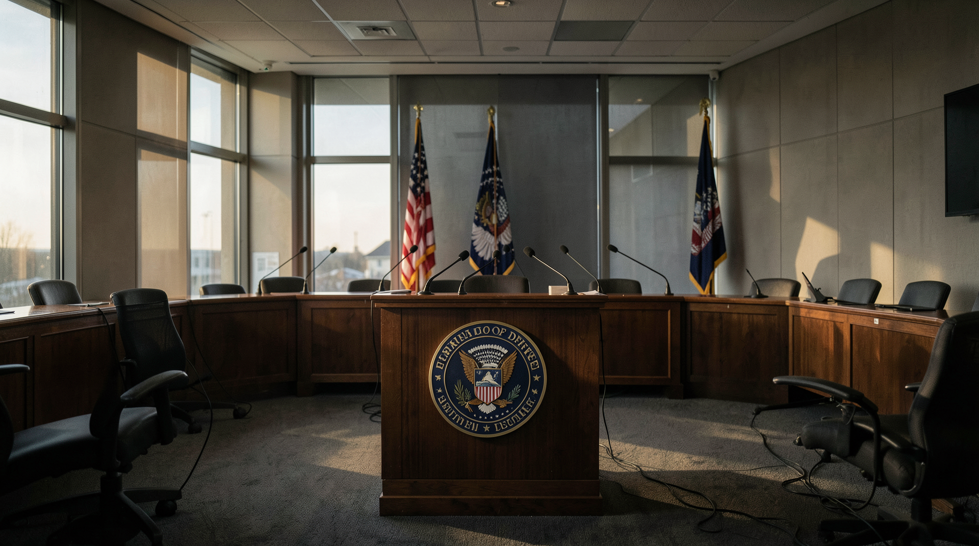 Pentagon briefing room podium with U.S. seal and empty chairs