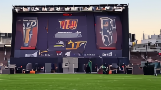 The Pittsburgh draft stage set for night two, empty podium under stadium-style lighting, two NFL shield flags at the back, one production assistant adjusting a microphone.