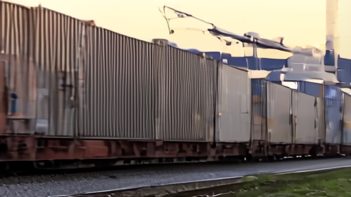 Intermodal train passing stacked containers at dawn