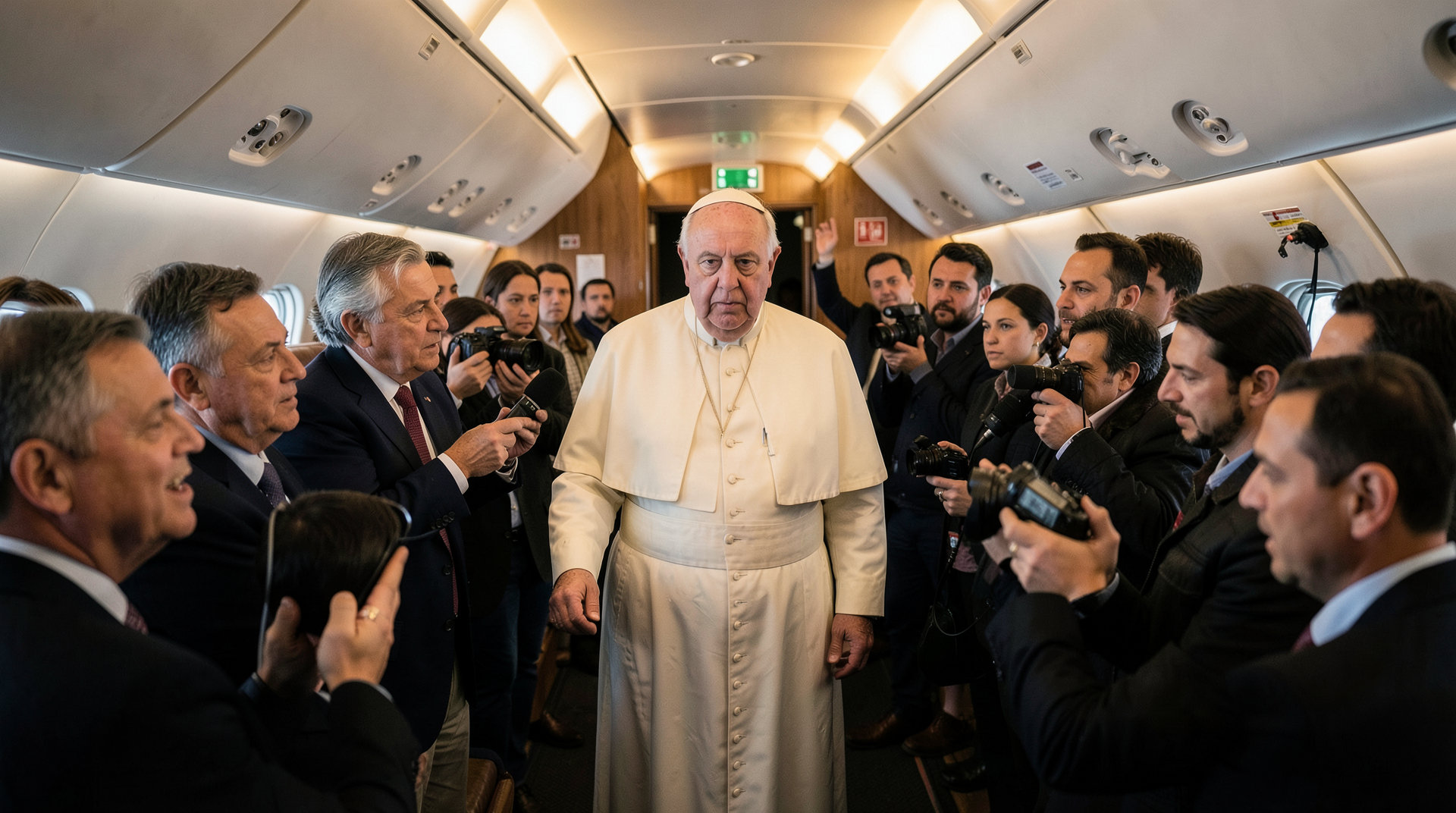 Pope Leo speaking to journalists in the aisle of a papal flight cabin