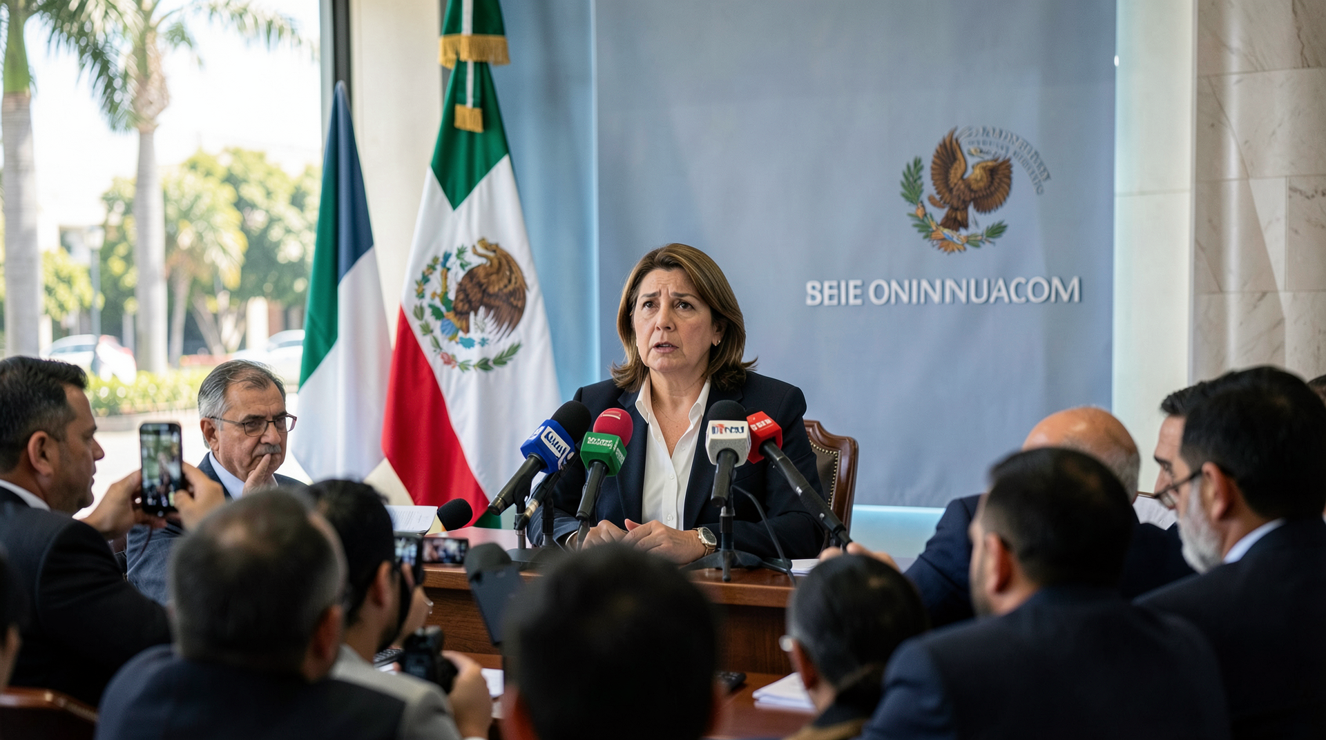 President Claudia Sheinbaum speaking at podium during morning press briefing
