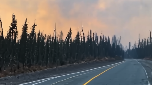 Georgia Forestry Commission truck silhouette against a wildfire smoke plume along a pine-bordered two-lane highway