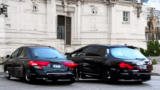 The exterior of the Kremlin's Grand Palace in pale spring light, two sedans with diplomatic plates parked near the entrance, one with a US flag decal in the rear window.