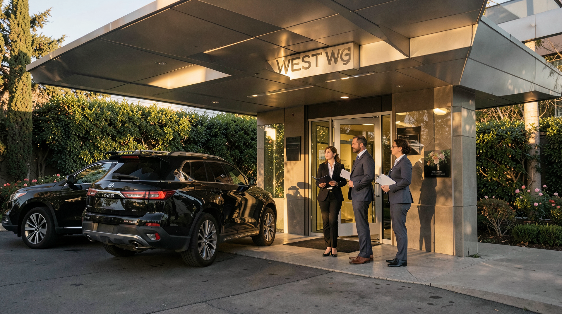 West Wing entrance with black SUV and staffers under awning