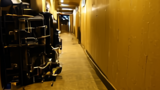 A backstage corridor at John Paul Jones Arena, a skateboard leaning against a road case, dim service-level lighting.