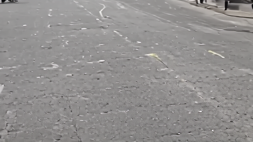 The Boston Marathon finish line on Boylston Street a week after race day, no spectators, faded chalk markings on the pavement.