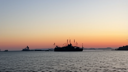 Oil tanker bridge at dusk with radar screens lit