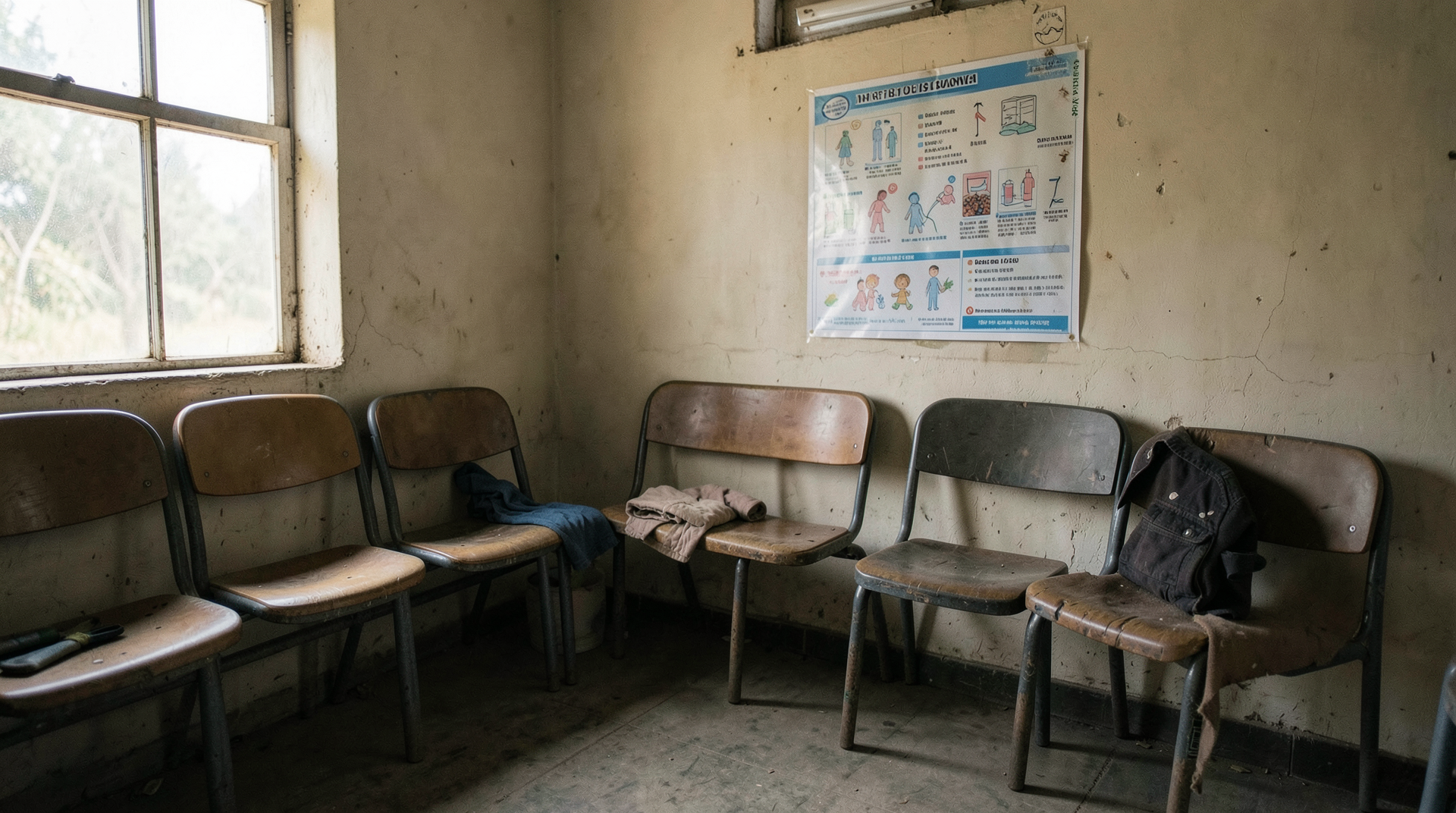 Rural pediatric clinic waiting room with vaccine poster and empty chairs