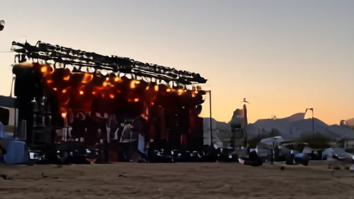 Coachella Empire Polo Club main stage Sunday night after the final set, crew dismantling the grid, partial sunset behind the San Jacintos.