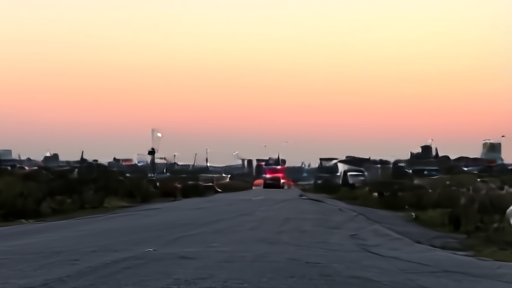 A Glynn County evacuation route with sheriff's-vehicle escort at dusk, families loading vehicles, smoke at the horizon line.