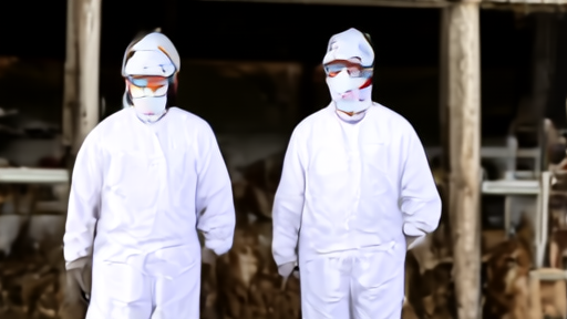 A USDA APHIS biosecurity team in white coveralls outside an Idaho dairy barn, milking parlor visible behind.