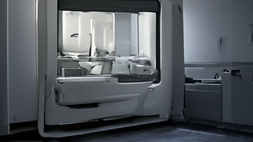 A hospital MRI suite at night, the bore visible through control-room glass, the technician's chair empty.