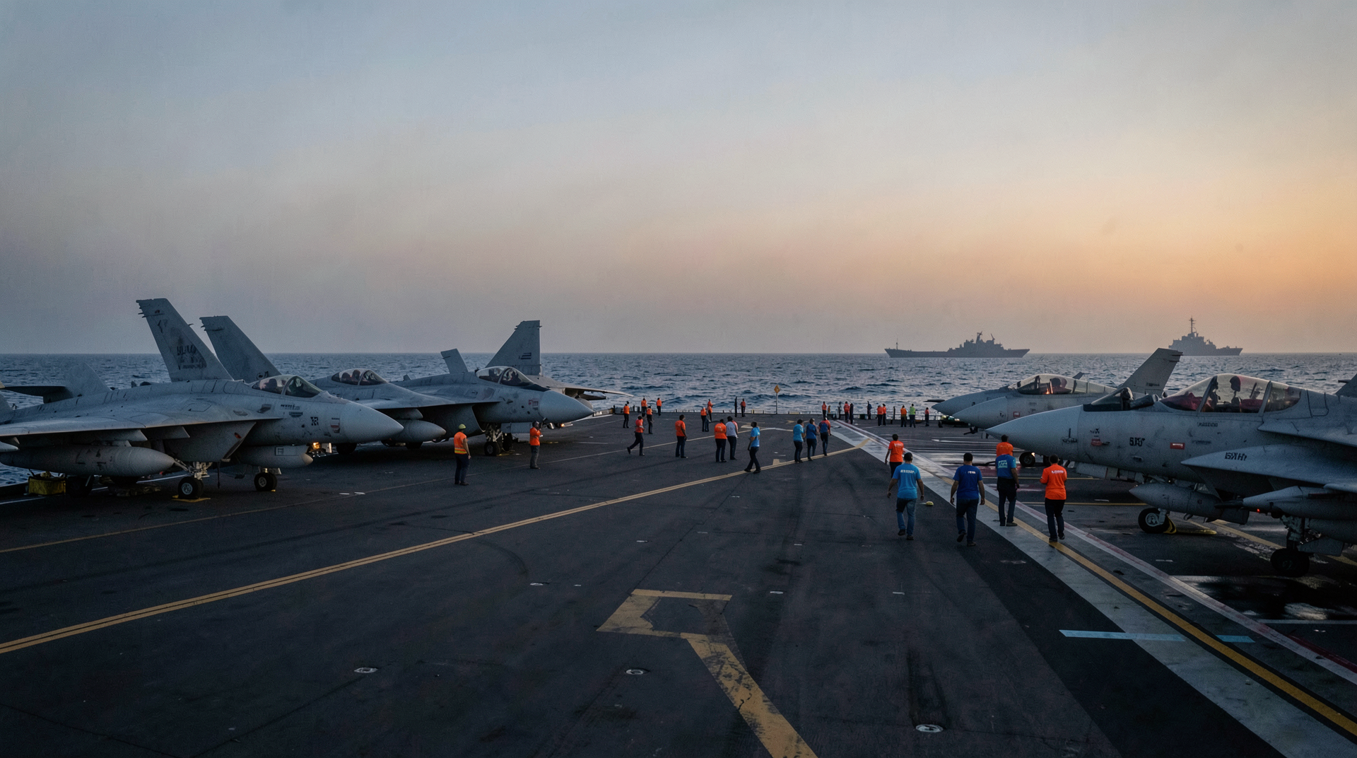 U.S. carrier flight deck at dusk with crew moving between parked aircraft
