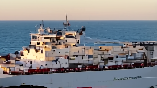 A container ship at anchor under IRGC patrol-boat escort, Liberian flag at the stern, Persian Gulf haze on the horizon.