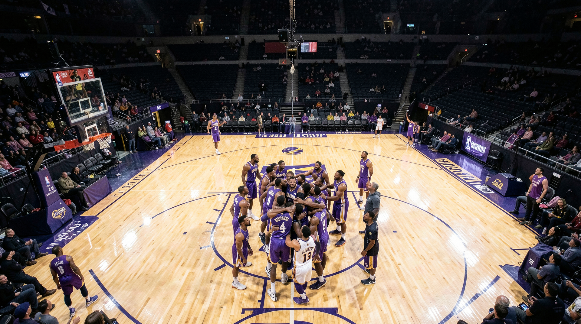 NBA playoff arena floor after overtime with visiting players embracing