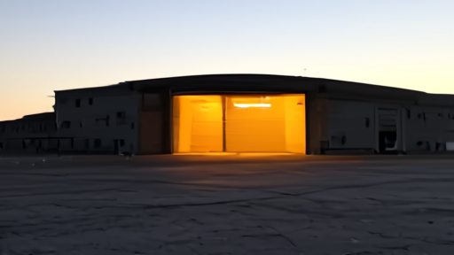 Lockheed Martin Skunk Works hangar at Palmdale at twilight, doors closed, no aircraft visible, single sodium light over the entrance.