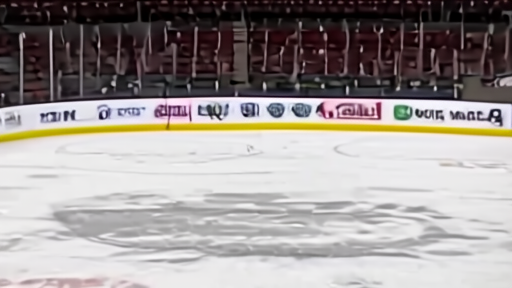 The Delta Center bowl Friday night, Mammoth banners along the upper deck, ice surface fully lit before face-off.