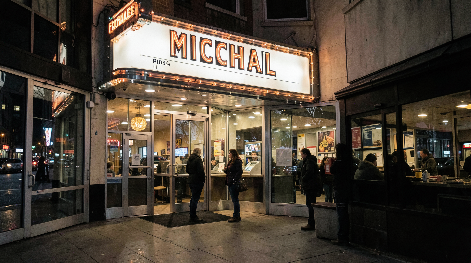Movie theater marquee at night advertising Michael with people in line