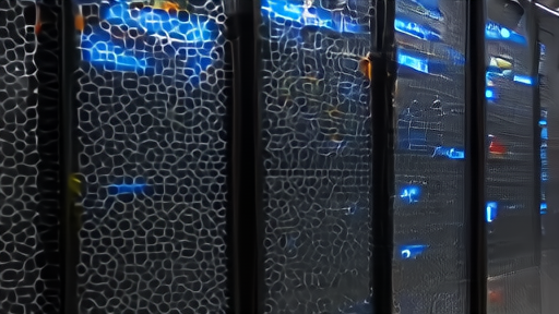 AWS GovCloud server racks behind security mesh, blue LED status lights, no signage visible.