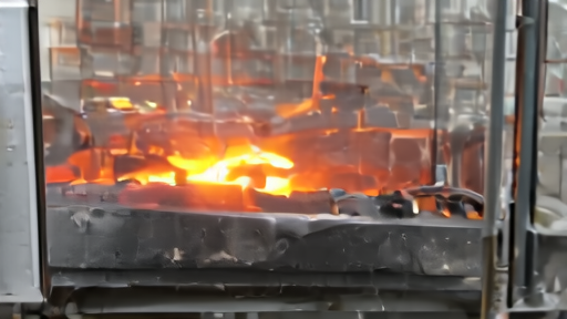 Gold-pour at a Newmont mill, molten doré bar in a graphite mold, foundry workers in heat suits