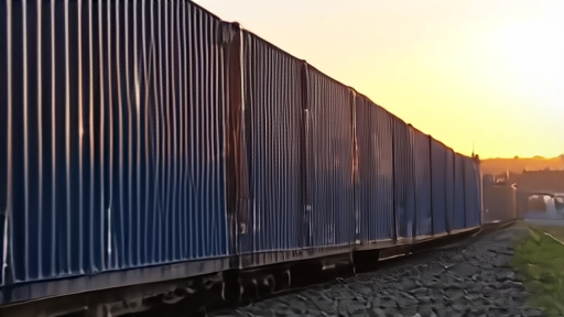 Norfolk Southern intermodal stack train rolling east near the Ohio River at sunset