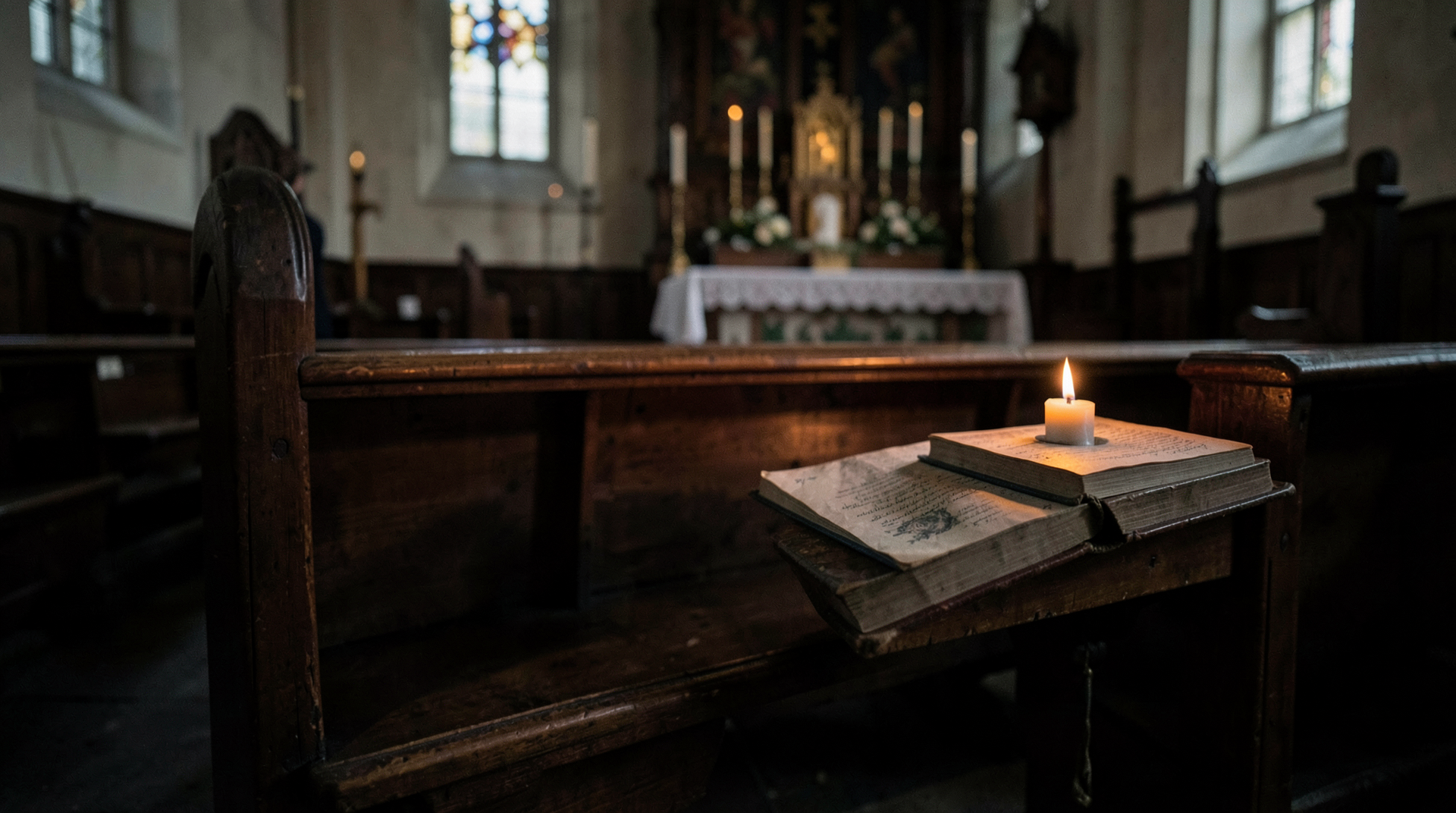 Empty Catholic church pew with votive candle and open prayer book