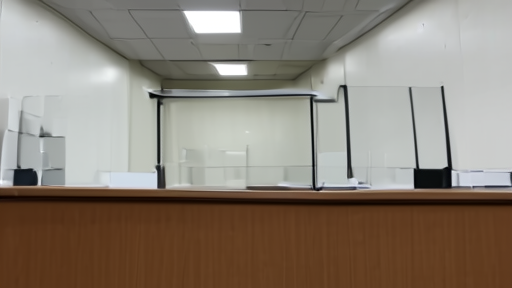 Tverskoy District Court courtroom 4 in Moscow, glass detention box visible, lawyer's papers on the bench