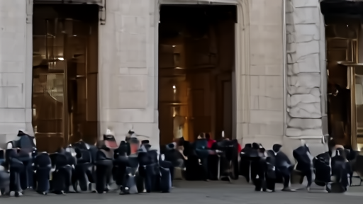 Federal police vehicles outside the FGR headquarters in Mexico City, mañanera podium visible through the open doors.