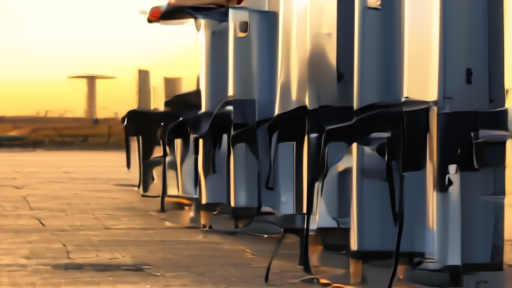 A Tesla Supercharger station at sunset with a Model 3 Premium plugged in, no other vehicles in frame, dust on the chargers.