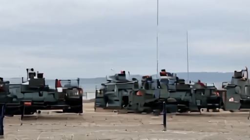 French UNIFIL armored vehicles parked outside the Naqoura headquarters, blue helmets on a passing patrol, Lebanese flag at half-mast.