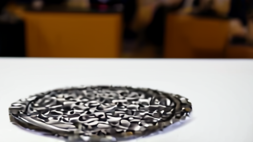 A Cerebras WSE wafer-scale chip on a display table at an investor event under technical lighting with no logos visible