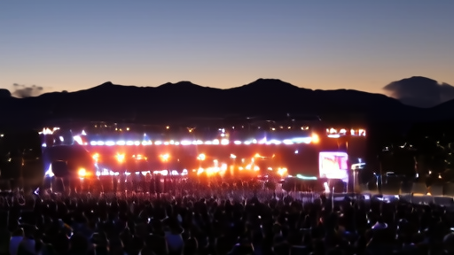 The Coachella main stage at twilight with a silhouetted crowd in the polo field.