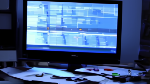 Television editing suite with paused video timeline showing news graphics, no operator, blue console light
