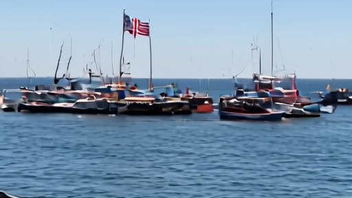 Falklands harbor with a Union Jack over small boats