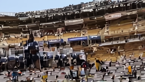 A stadium tour stage being assembled mid-day with crew working the trusses.