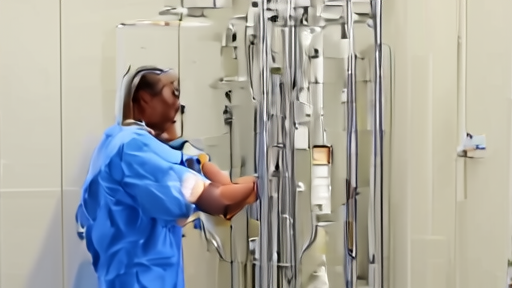 MRI suite with technician and cryogenic helium piping