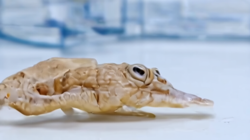 An axolotl in laboratory water near regenerating limb tissue