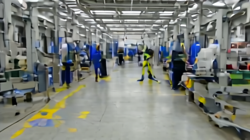 Patriot missile production line with workers in static-control coats moving long cylindrical components under factory overhead light