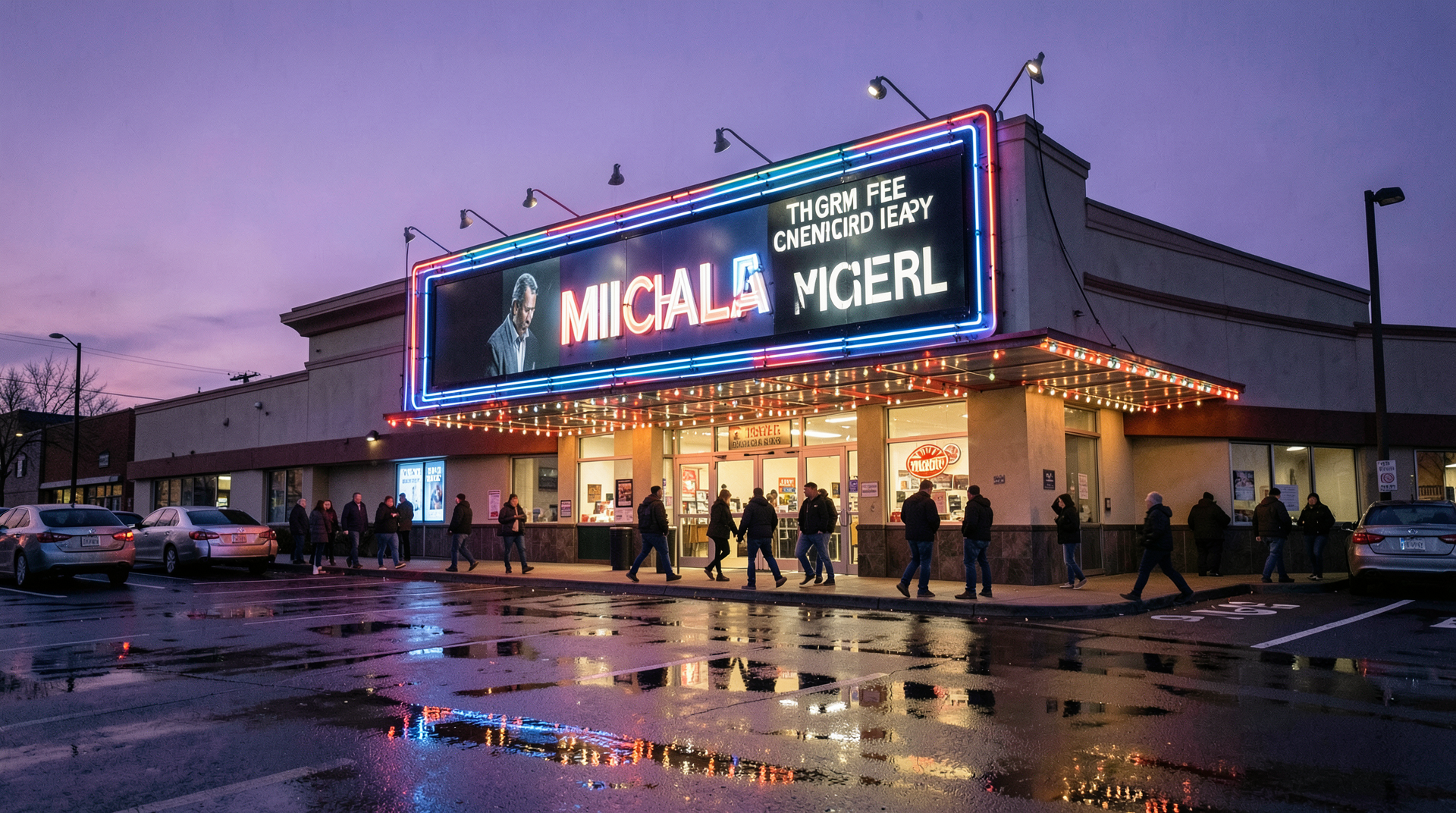 Multiplex marquee at sunset showing Michael with patrons crossing in front